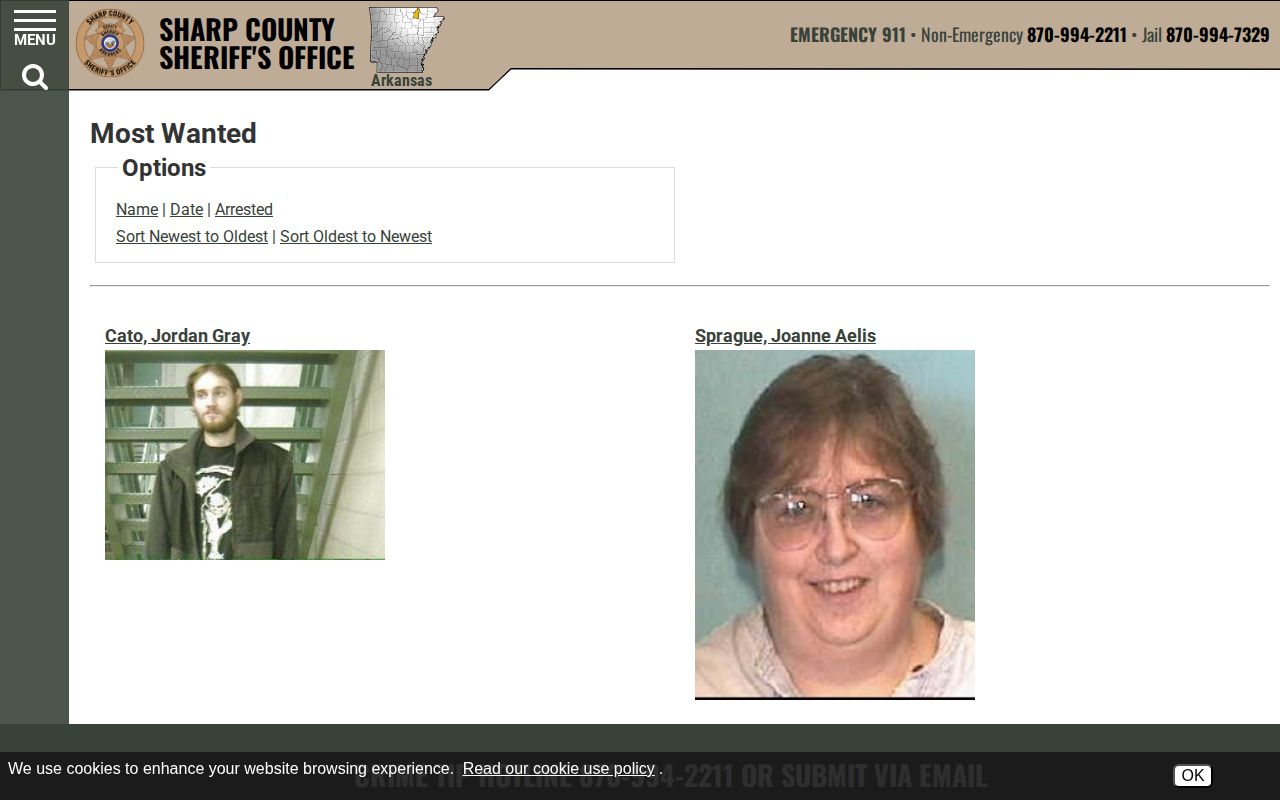 Sharp County Sheriff's Office wanted list interface